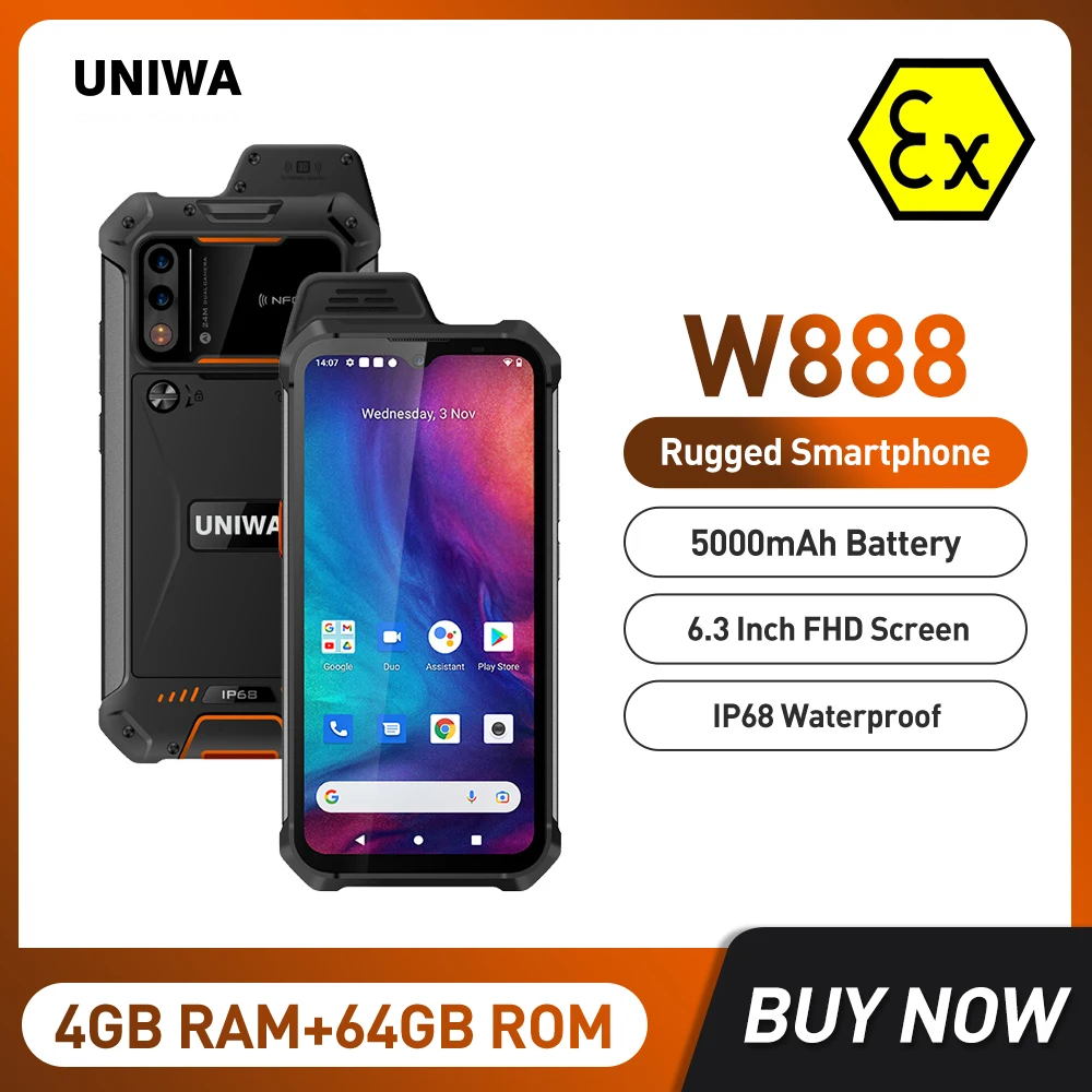 UNIWA W888 ATEX Explosionsgeschütztes IP68 Smartphone 4GB 64GB Android 11 6,3 Zoll NFC Mobiltelefon Walkie-Talkie 4G Handy Image