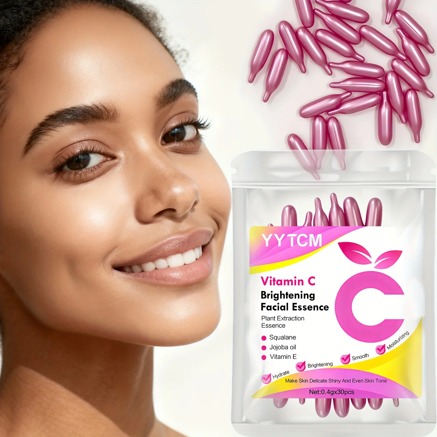 Vitamin C Hautaufhellende und Feuchtigkeitsspendende Kapsel-Essenz, Hydratisiert und Glättet die Haut, Enthält Pflanzliches Squalan, Vitamin E, Magnolienöl und Jojoba-Samenöl für Tiefenhydratation und Hautaufhellung (0,4Gx30 Kapseln)/Beutel-1 Beutel Image