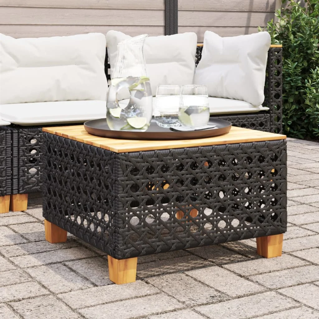 Schwarzer Gartentisch 55x55x36 cm, aus geflochtenem Kunstharz und Akazienholz. Moderner Gartentisch aus Holz für Terrasse und Hof (nur Tisch)