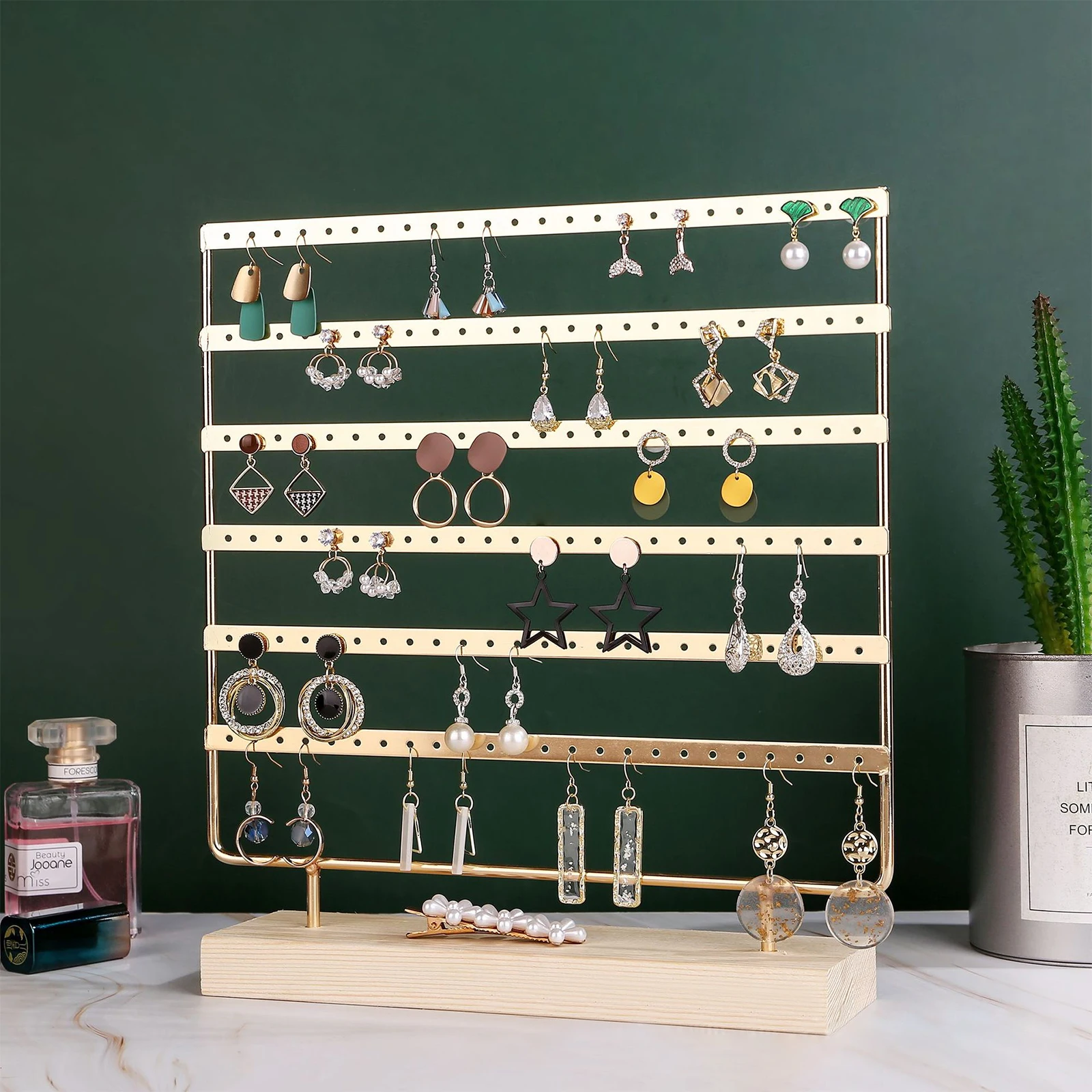 6-stufiger Ohrring-Display-Halter mit Metalllöchern, Schmuckaufbewahrung, Organizer, Holzsockel, Ständer, Baum für Ohr-Display, Ohrstecker-Halter Image