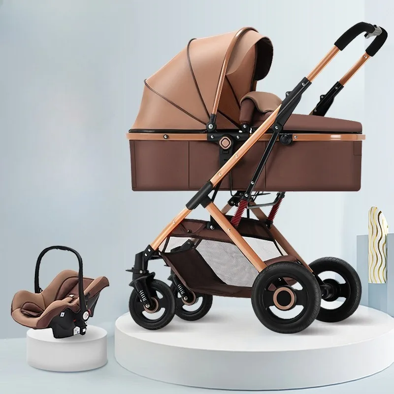 3-in-1 stoßdämpfender Kinderwagen, geeignet für 0–3 Jahre alt, multifunktionaler Kinderwagen mit Autositz, Zwei-Wege-Druck Image