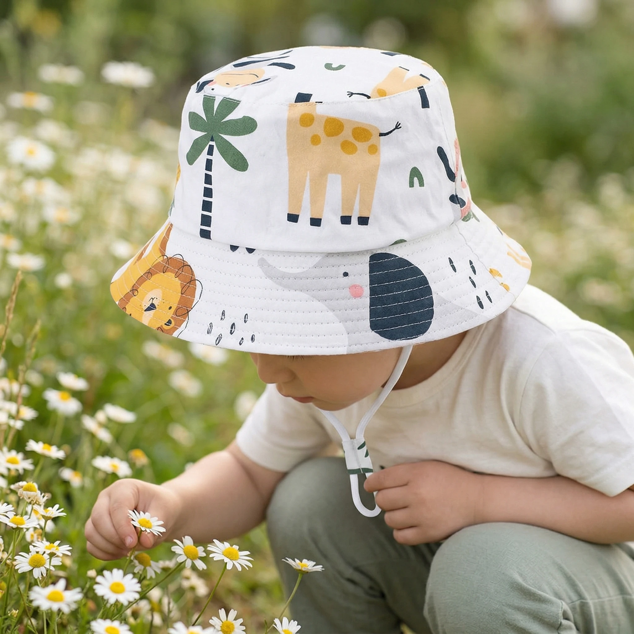 Neuer Sommer-Babyhut mit Cartoon-Print, breiter Krempe, Fischerhut für Jungen und Mädchen, verstellbarer Kinnriemen, Strandmütze für Kleinkinder Image