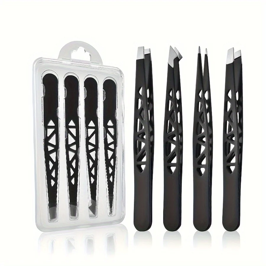 4-teiliges Pinzetten-Set, Edelstahl Schwarz 96 Flachspitzen-Pinzetten, Augenbrauen-Pinzetten-Set mit Augenbrauentrimmer, Eingewachsene-Haare-Entferner Image