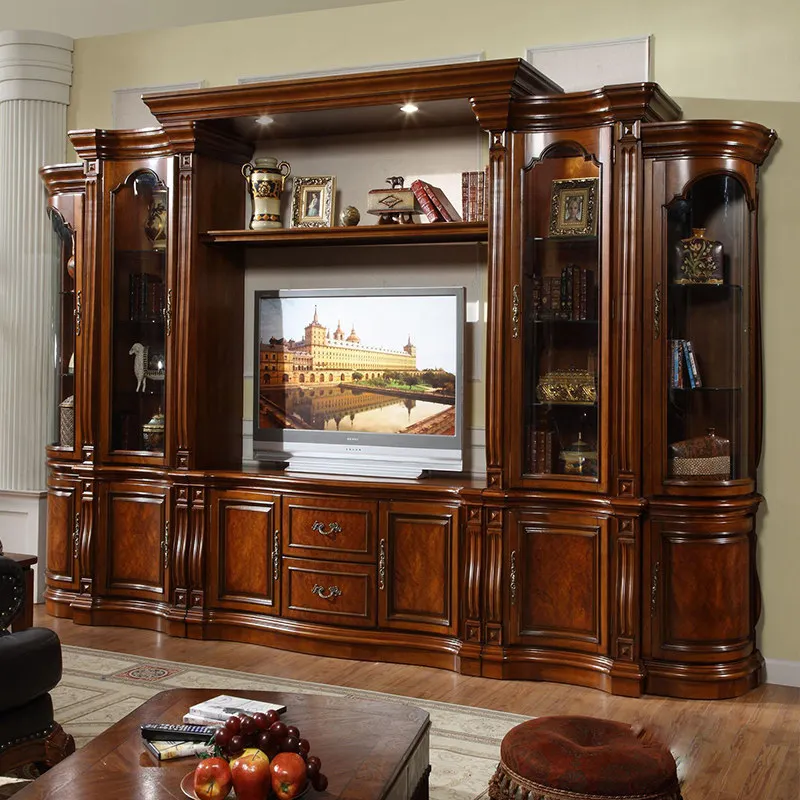 Europäischer Kombinations-TV-Schrank, amerikanischer dekorativer Schrank für die Wohnzimmer-Hintergrundwand, geschwungener Weinschrank aus Massivholz, Locker Di