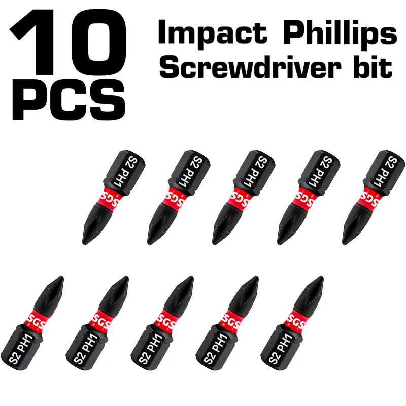 Kurze Phillips-Bits, 10-teiliges Set, Ph-Serie, hohes Drehmoment, rutschfest, magnetisch, schlagfest, kompatibel mit Schlagschraubern / Bohrmaschinen Image
