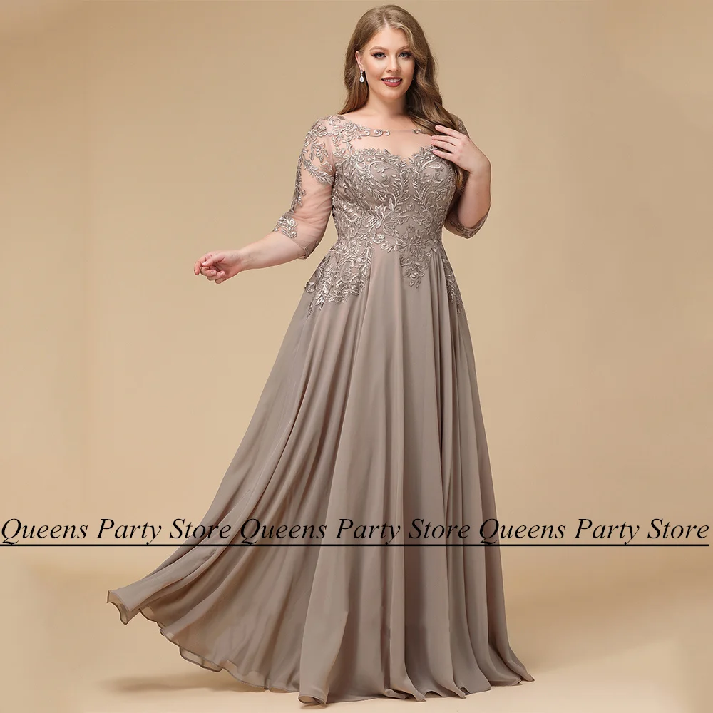 Plus Size Kleid für die Brautmutter, maßgeschneidert, 3/4-Ärmel, Applikation, bodenlang, A-Linie, Chiffon, Sommerkleid für Hochzeitsgäste Image