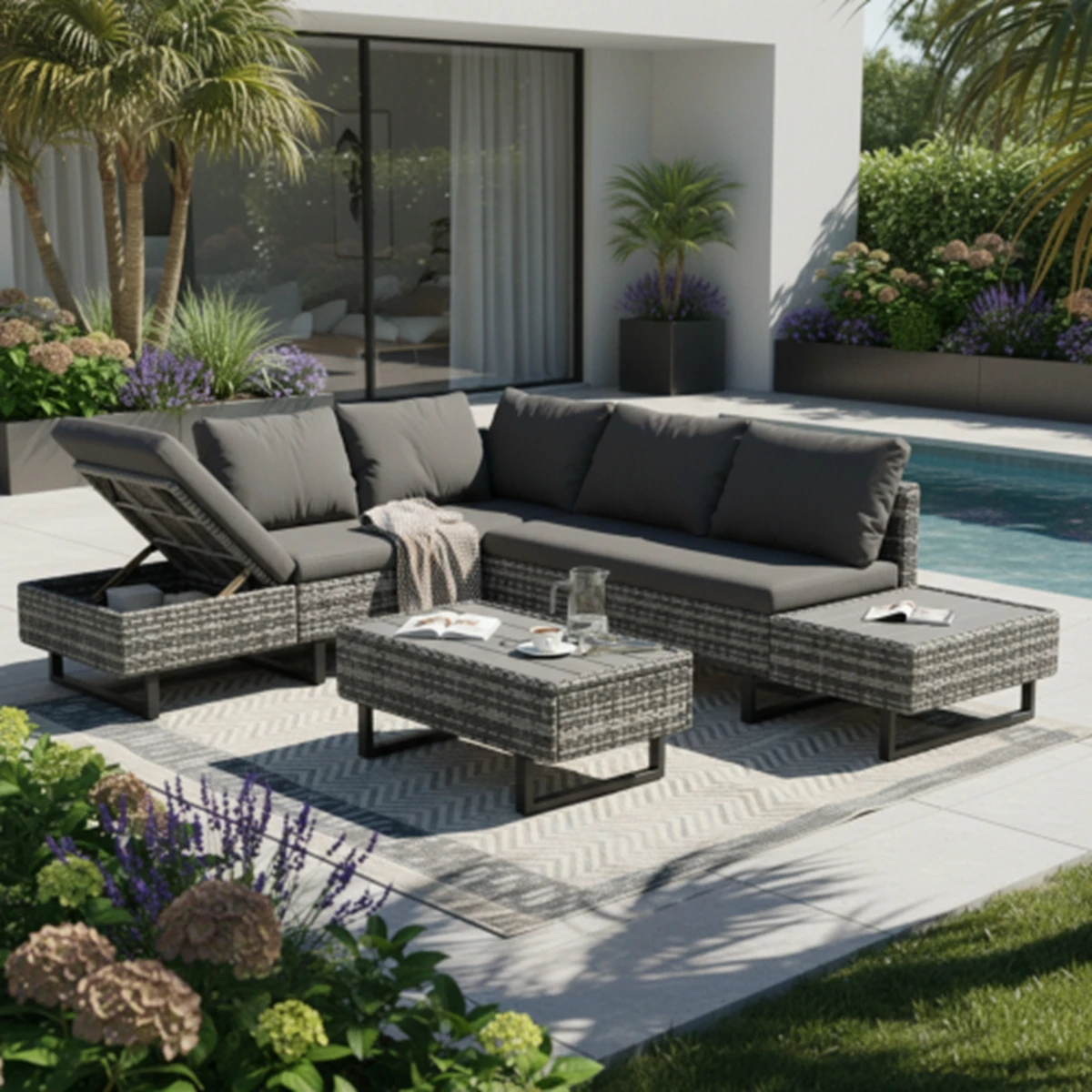 Poly-Rattan Lounge für 4-5 Personen, mit Ecksofa, Tisch & Auflagen, abnehmbarer/waschbarer Stoffbezug, grau, für Garten