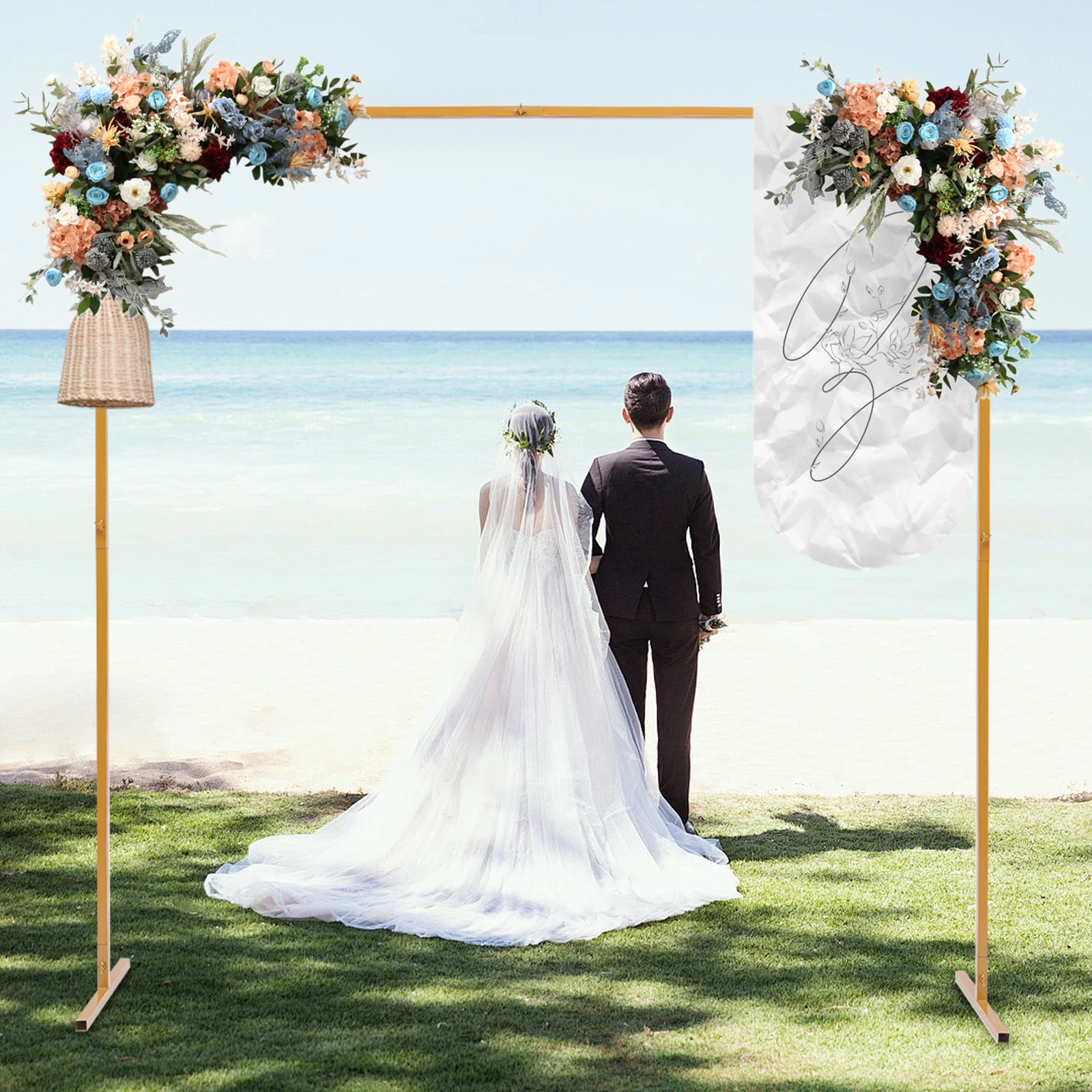 2 x 1,5 m/2 x 2 m/2,4 x 2,4 m Metall-Hochzeitsständer, gold-/weißer Hintergrundrahmen, quadratische Hochzeitshalterung, Dekorationshalter, Fotohintergrund