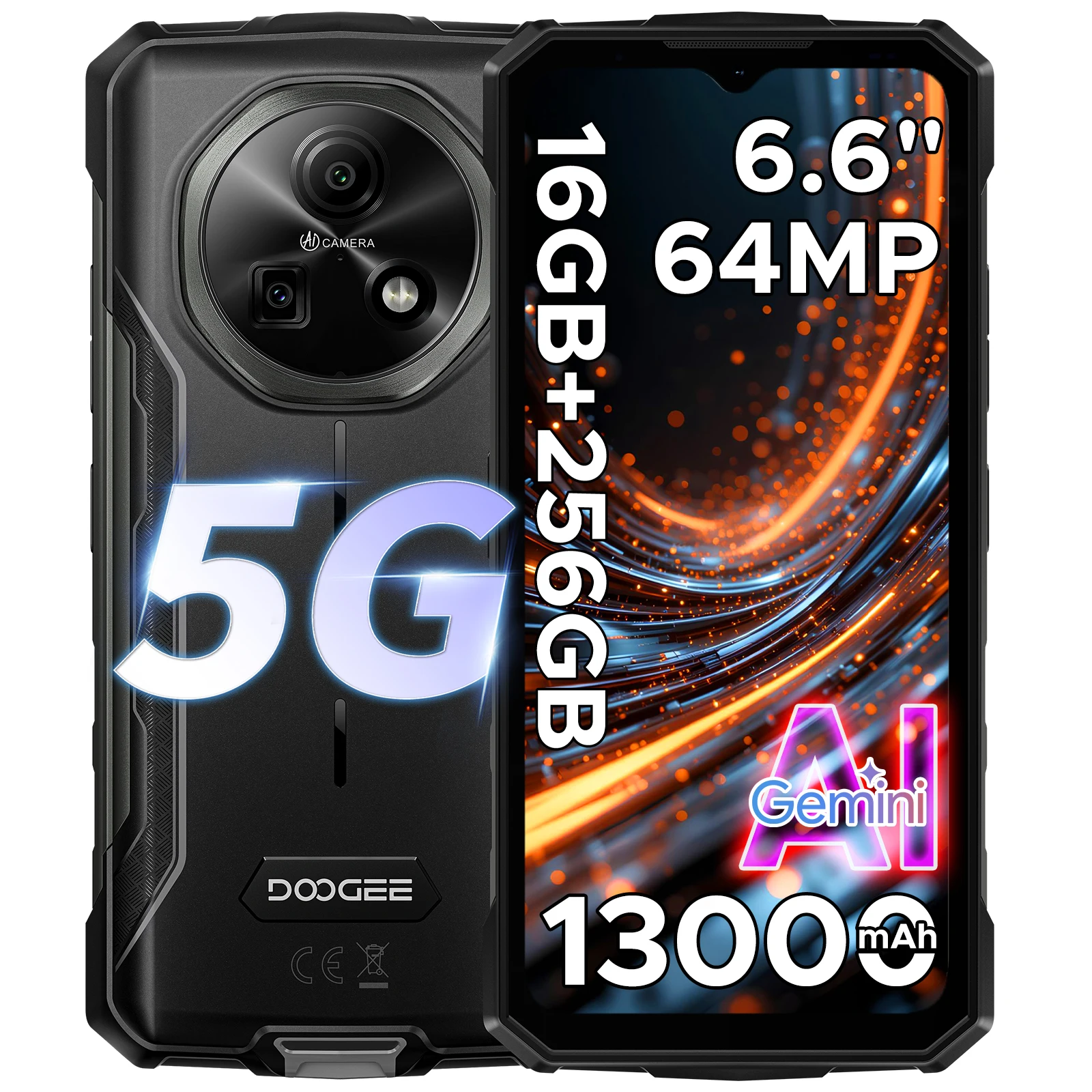 DOOGEE Fire 7 5G Robustes Smartphone Android 15 Gemini AI 13000mAh Akku 6,6'' Bildschirm Dimensity 6300 64MP Kamera Smartphone NFC Image