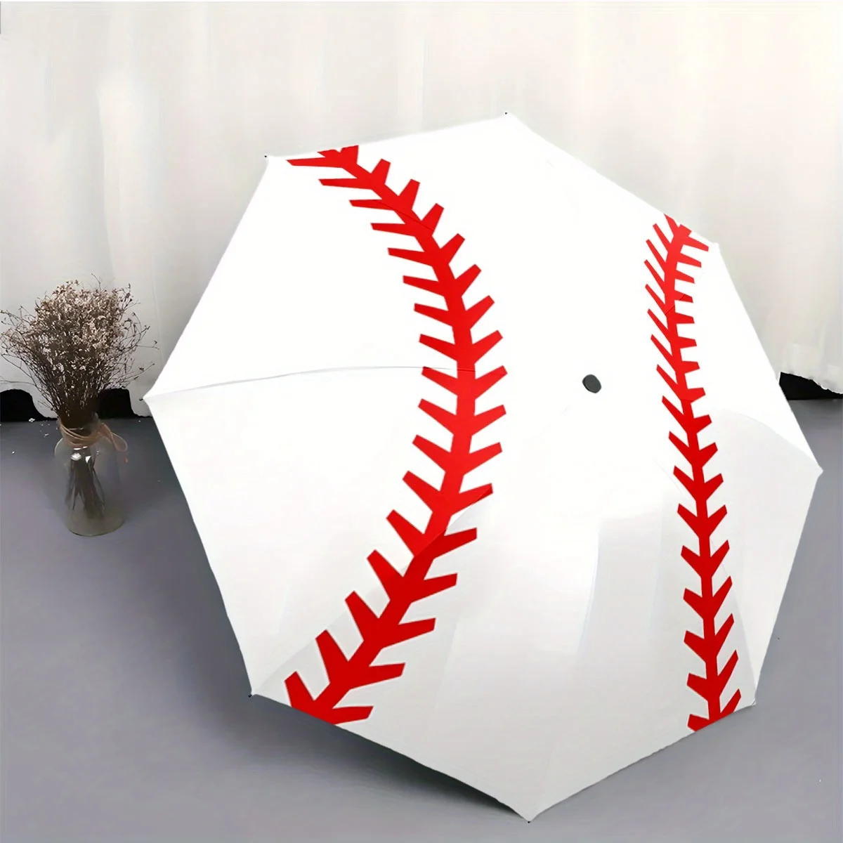 Automatischer Faltschirm mit Baseball-Stickmuster - Tragbares, zusammenklappbares Design, 8-Rippen-Rahmen, Weiß mit Rot Image