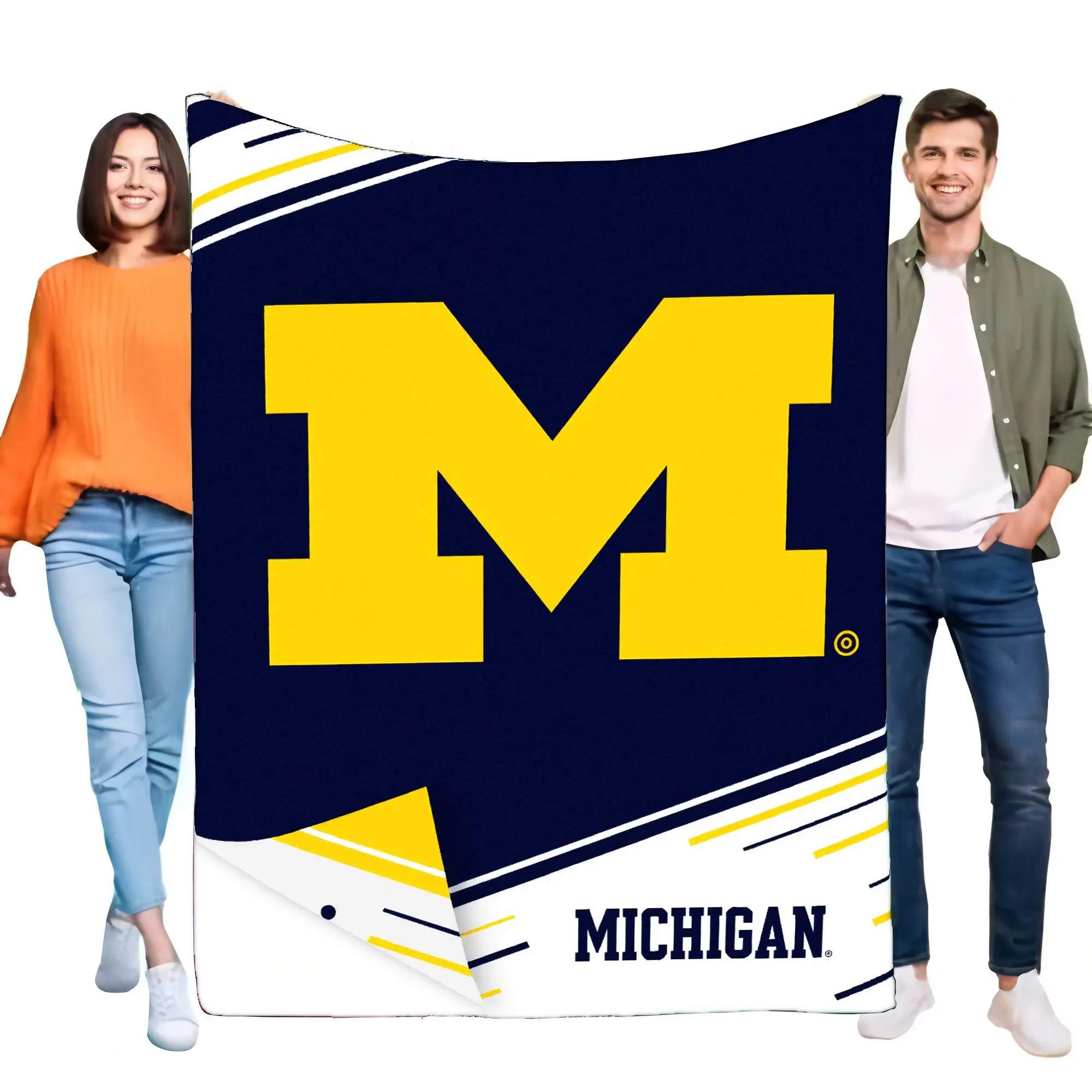 Decke mit Logo der University of Michigan, tiefblau, weicher Überwurf mit gelbem M und schwarzem Text, fröhliches Sportfangeschenk, perfekt für Bilder Image