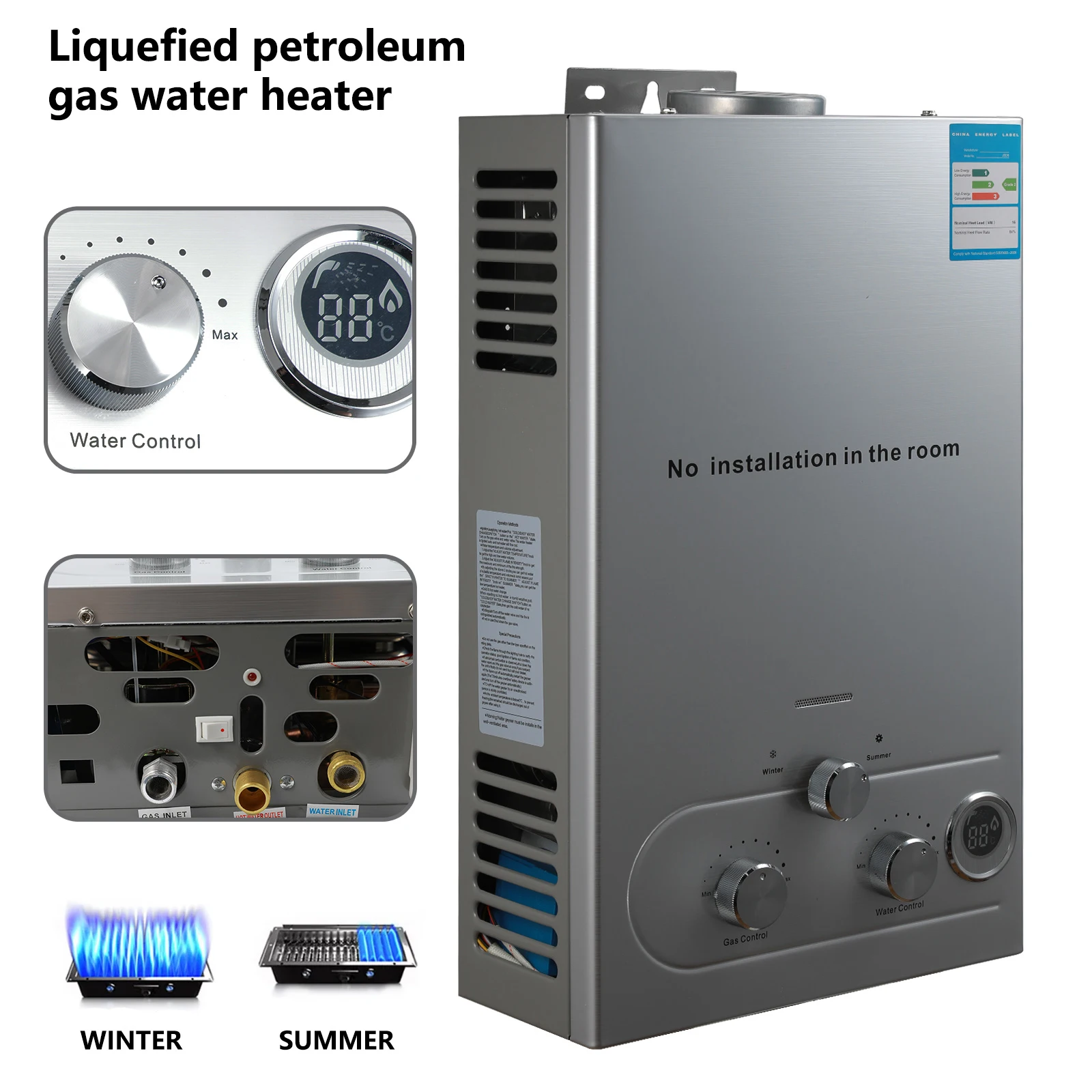 6L LPG Gas Warmwasserbereiter Edelstahl Tankless Propangas LPG LPG Körper mit Show Kit Home Camping Appliance Image
