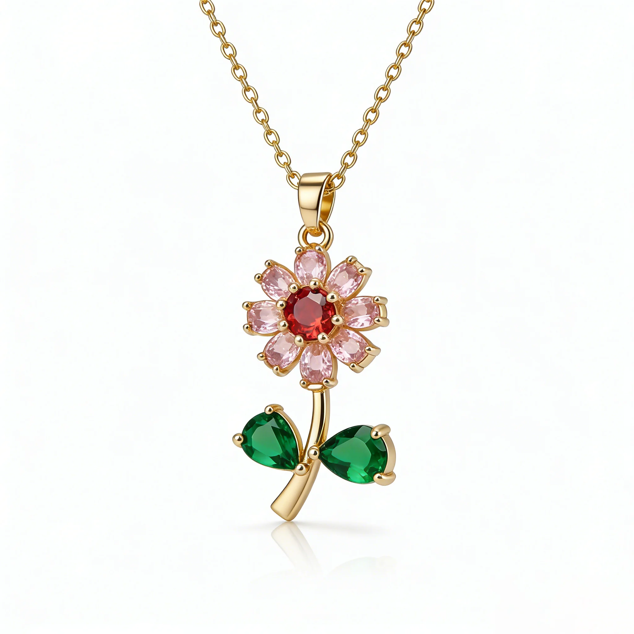 Trendige Goldene Sonnenblumen-Anhänger-Halskette, Funkelnder Rosa-Roter CZ-Blumenschmuck, Elegantes Hochzeits- und Alltags-Geschenk für Frauen