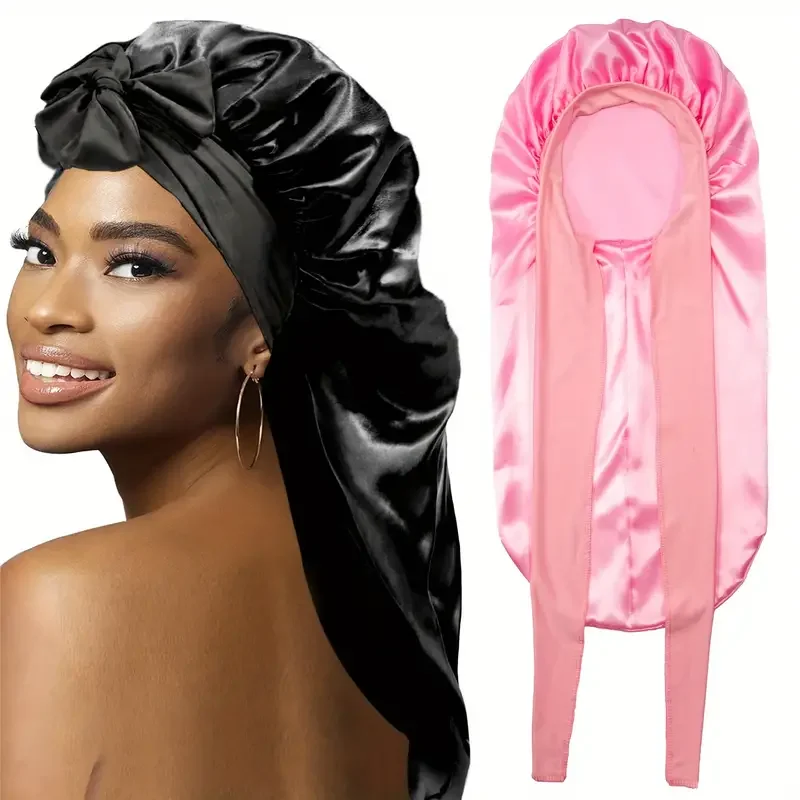 Seidige Schlafhaube für glattes, lockiges Haar, lange, extra große Haarhauben für Dreadlocks und Zöpfe, Satin-Schlafmützen, Nacht, 2 Stück Image