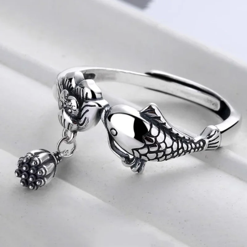 Neue Ideen ethnischen Stil Vintage kleinen Anhänger 925 Thai Silber glänzend Lotusblume kleinen Fisch Koi Ringe für Frauen Schmuck Image