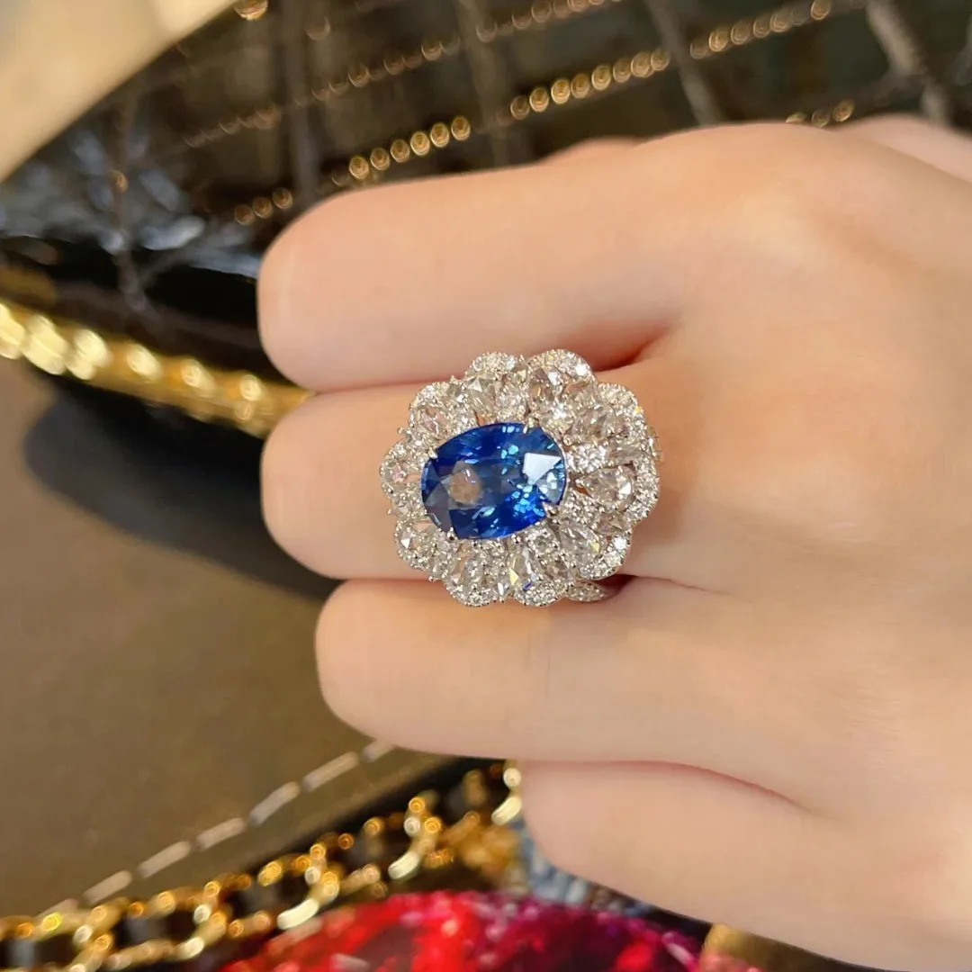 Neu in Silber 925, voller Diamanten, luxuriöser Saphir-Ring-Halskette, exquisite Verlobung, funkelnde blaue Blume, edle Schmucksets Image