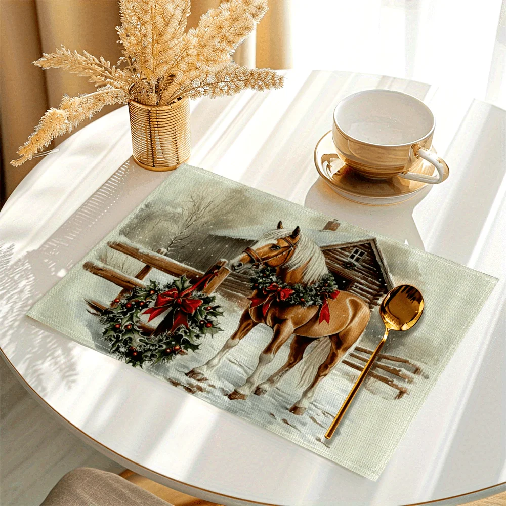 VIKAMA 4-teiliges Tischset mit Weihnachts-Pferde-Aufdruck – rutschfeste Tischmatte für Küchen-Esstisch, Feiertags-Party-Dekoration Image
