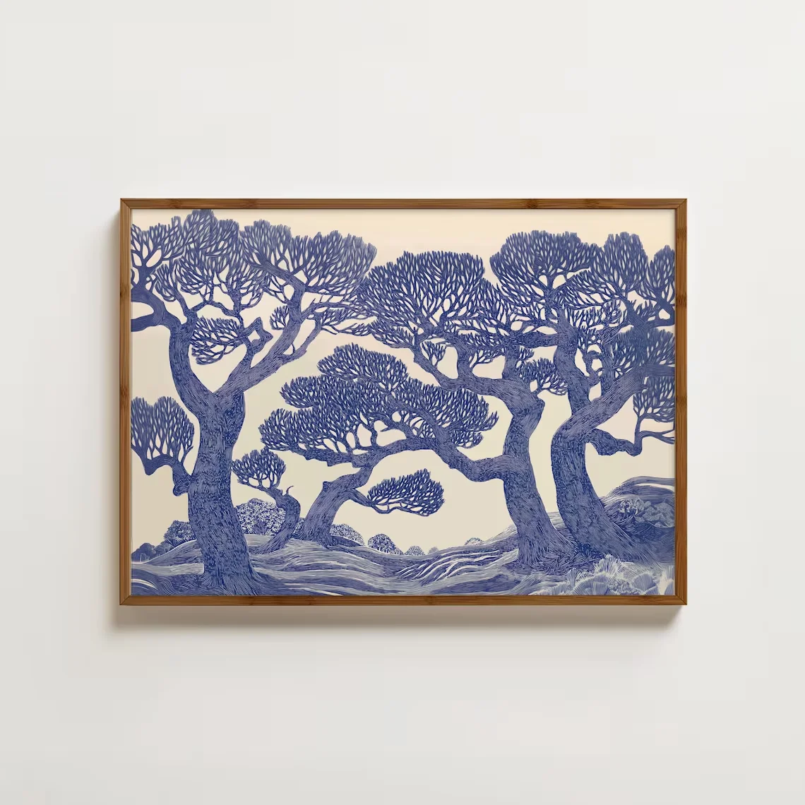 Vintage Eichenbaum-Druck, Linocut-Wald-Wandkunst, blaues Waldlandschaftsgemälde, botanisches DCoffee-Poster, einzigartiges lustiges Tier-Set