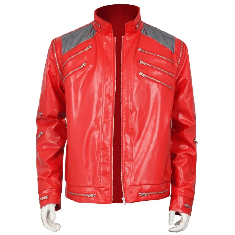 Herren Rote Punk Michael Jackson Jacke Cosplay Kostüm Klassisches Beat It Bühnenoutfit mit Schulternetz und Mehrfach-Reißverschluss-Details