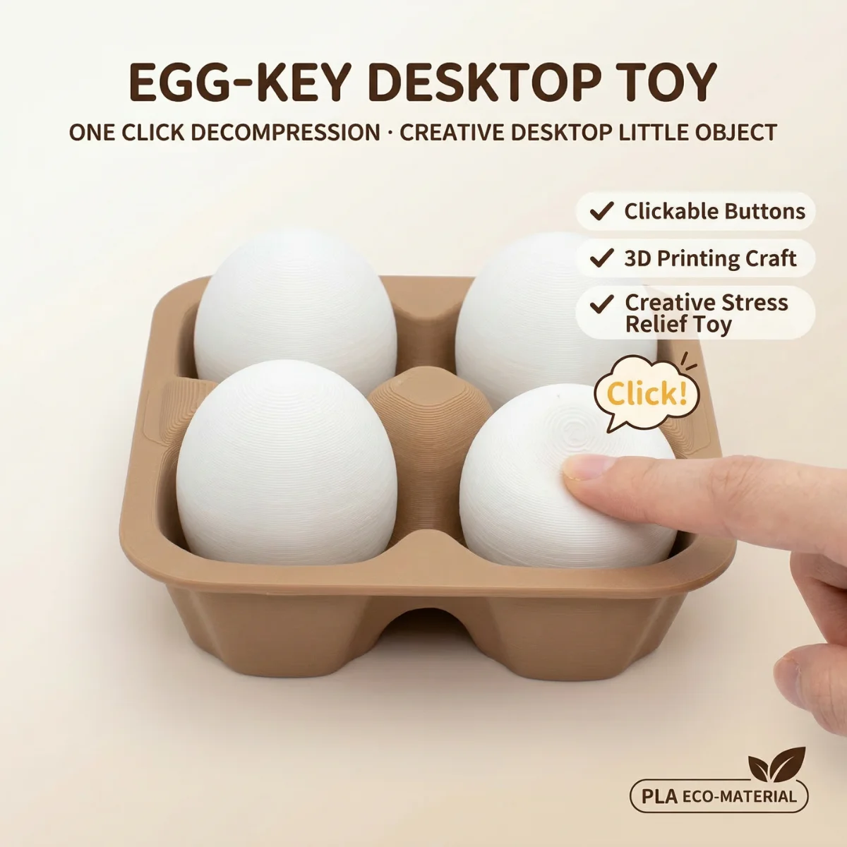 1 Stück Klickbares Stressabbau-Schreibtischspielzeug, PLA 3D-Gedrucktes Material Ei-Knopf Schreibtisch-Deko-Set, Minimalistisches Beige Ei-Form Image