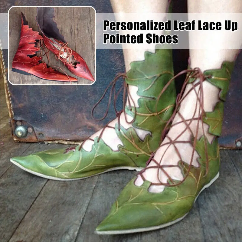 Schnürstiefel für Damen, flache Pixie-Fee-Stiefel mit Blättern, Wald-Festival-Schuhe, Gothic-Elf-Hexenstiefel, Baumgeist-Blattstiefel, Damenschuhe