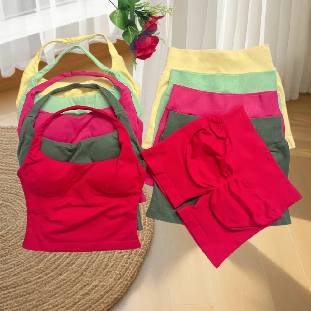 Damen 2-teiliges Sport-Set, Yoga-Outfit, Neckholder-Top, rückenfreies Halter-Top, nahtlose Scrunch-Bum-Shorts, Fitness-Workout-Sportanzug Image