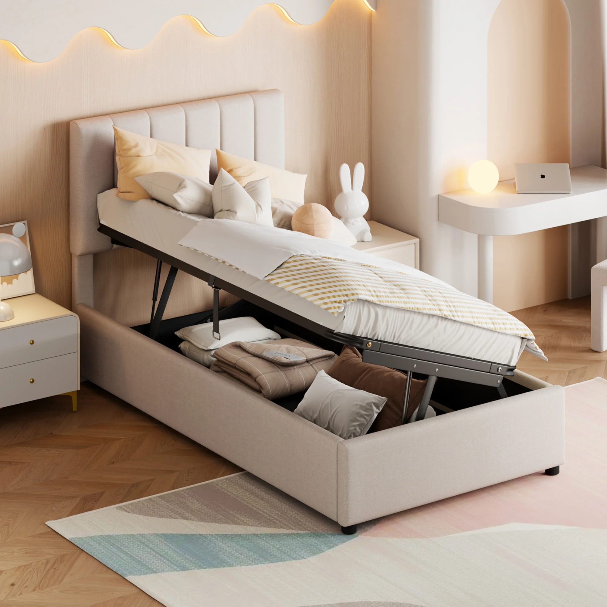 90x Trunk-Bett mit erhöhtem Kopfteil, 1-Personen-Bett mit hydraulischem Stauraum und Schieferbox, modernes Beige Image
