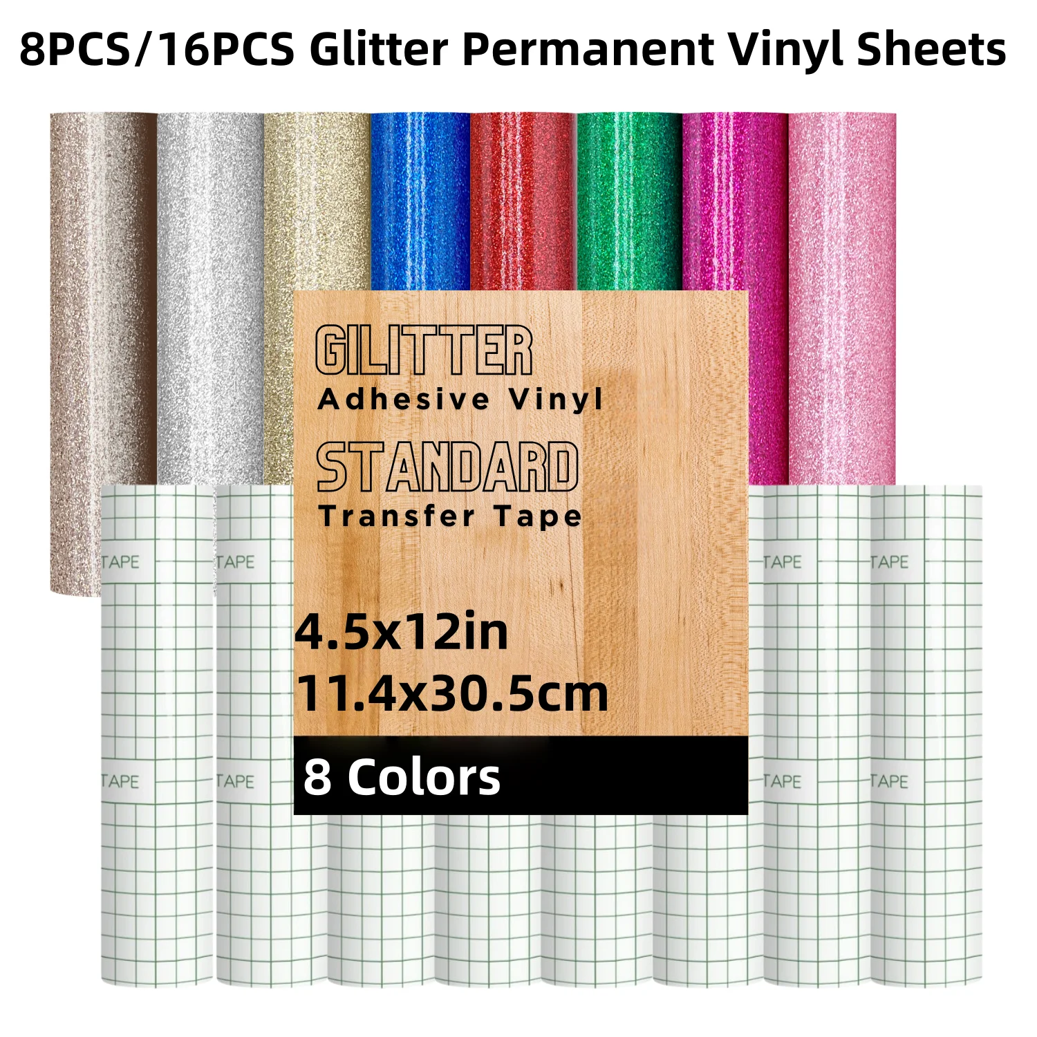 Glitzernde permanente Vinylfolie für Cricut Joy, 8 verschiedene Farben, glitzerndes Vinyl, permanent, selbstklebend, langlebig für drinnen und draußen Image