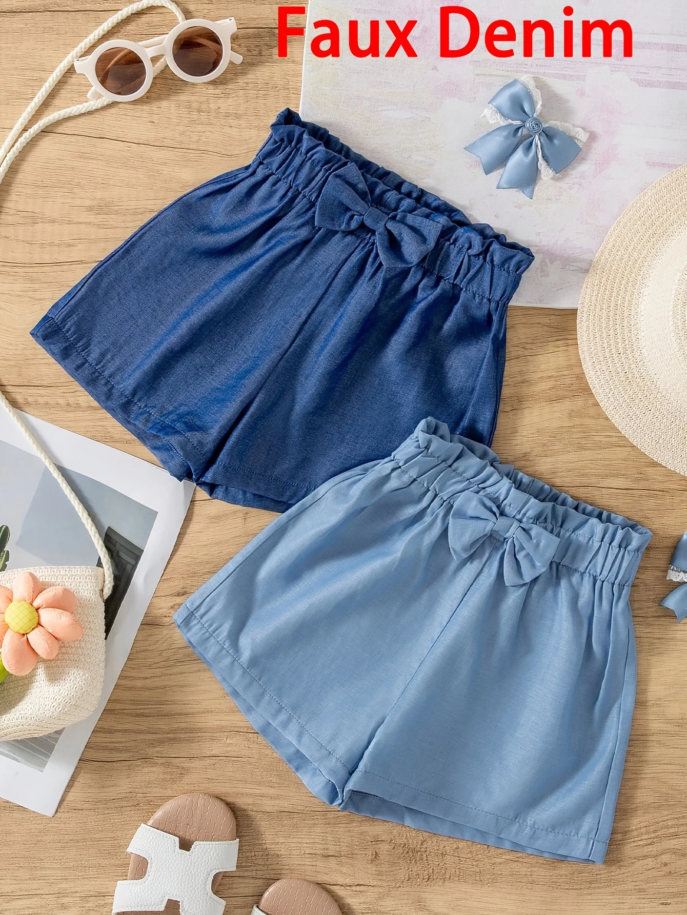 Kinder Mädchen Shorts aus Kunstjeans mit Schleifen-Dekor, Rüschen, elastischer hoher Taille, lockerer A-Linie, lässige Shorts für den Sommer, Alltag und Strand Image