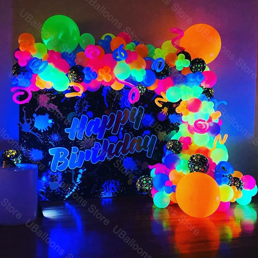 1 Set Neon-Geburtstagsballons mit Bogen, UV-leuchtendes Schwarzlicht, Latex, Globos, Neon-Luftballons, Girlande für Geburtstagsparty-Dekorationszubehör Image