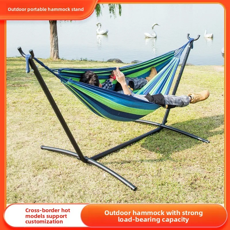 Outdoor-Freizeithängematte, Camping-Hängematte, tragbare Einzelstangen-Hängematte, Baumwollseil, Anti-Rollover-Hängematte mit Ständer