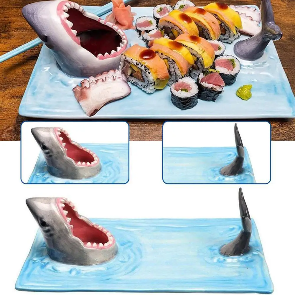 Japanische Internet Celebrity Seaside Shark Keramikteller Knödelteller Mahlzeit Küchendekoration Sushi Teller Schönes Geschirr Image