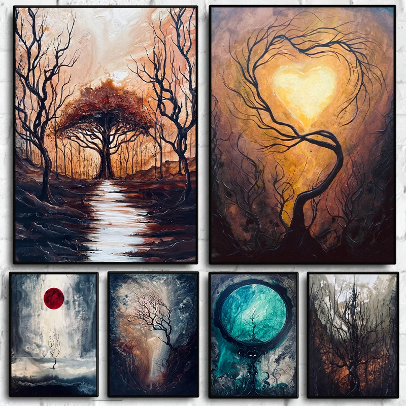 1 Stück rahmenloses, surreales, farbenfrohes Landschaftsposter, Vintage-Stil, dunkler Wald, Berg, Herbstlandschaft, Leinwandgemälde, Wandkunst für Wohnzimmer