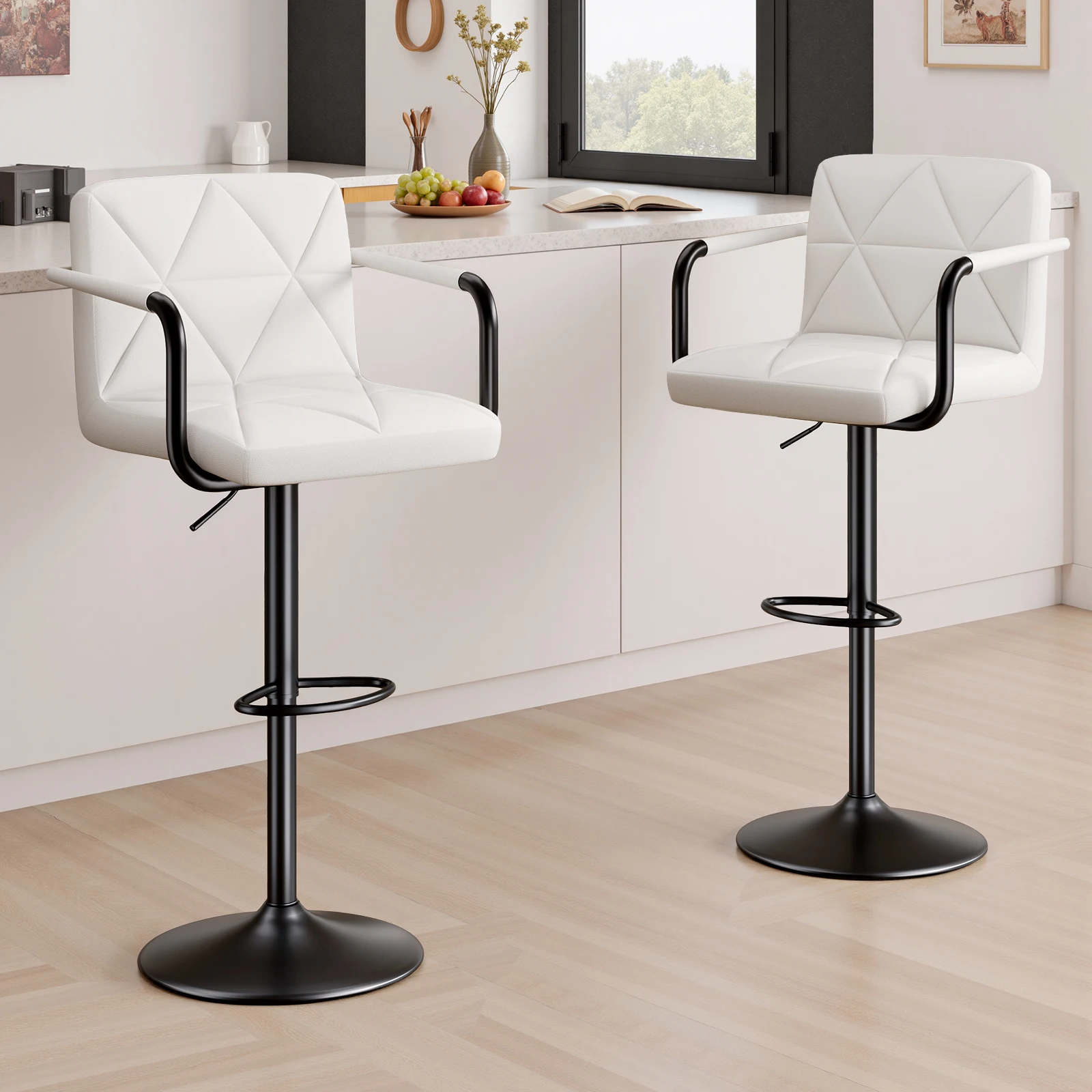2 moderne Barhocker, 360 ° Drehbare, höhenverstellbare Barhocker mit Rückenlehne und Armlehne für Küche und Esszimmer Image