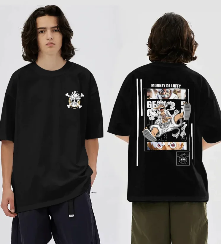 Sommer 2026 One Piece Luffy „Five Nika Comic Collage“ Trend-Thema 100% Baumwolle Bedrucktes Oversize Loose T-Shirt für Erwachsene und Eltern-Kind-Partner Image