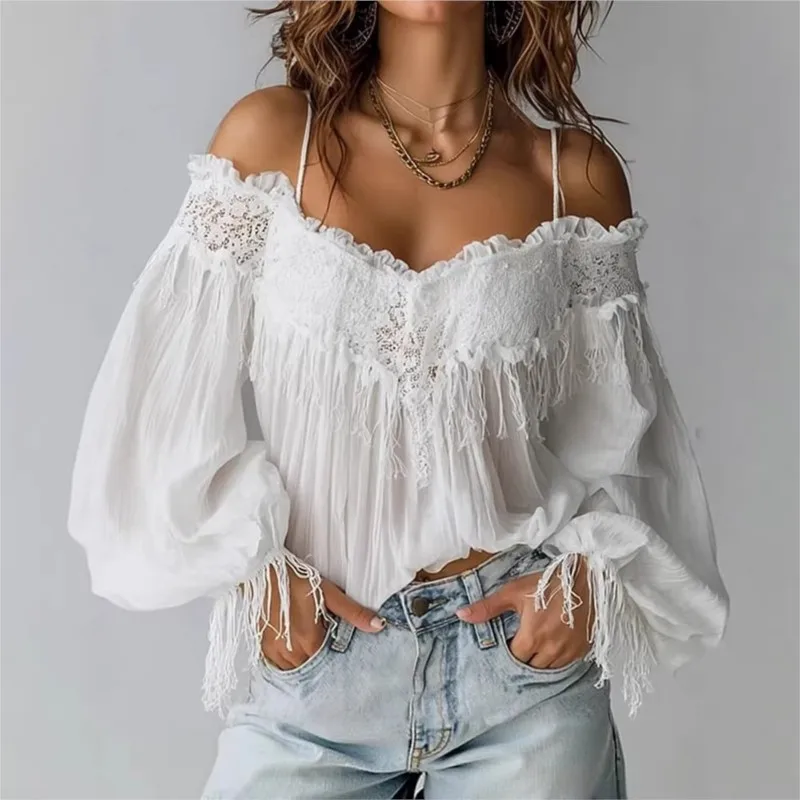 Y2K Mode Damen Spitzen-Top Sommer Sexy Ausländischer Stil Träger-V-Ausschnitt Lockeres Hemd Elegante Vielseitige Büro-Weiße Blusen Image