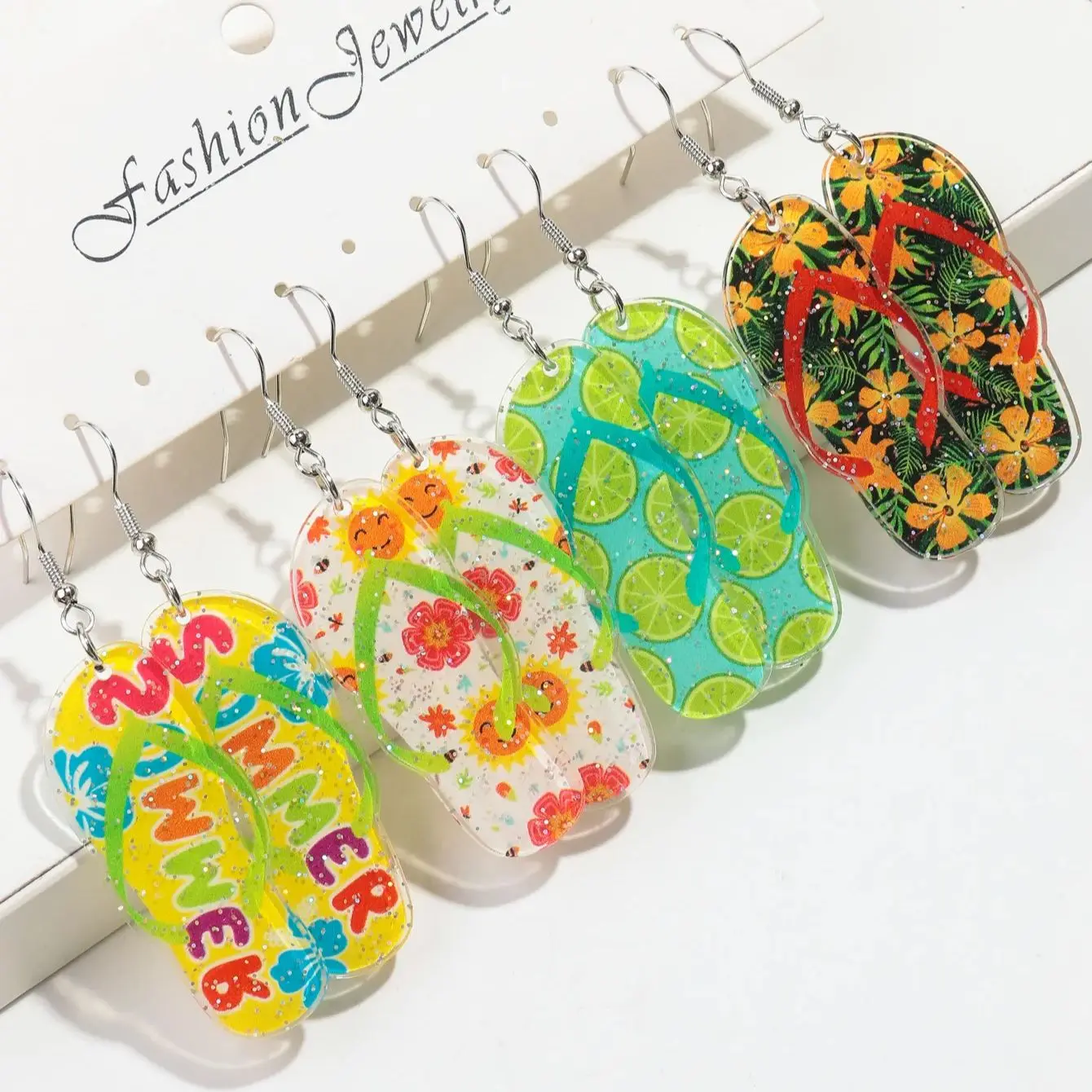 Bohomian Sommer Acryl Blumen Hausschuhe Ohrringe für Frauen Boho Harz Niedliche Zitrone Leopardenmuster Schuhe Ohrring Design Schmuck Image