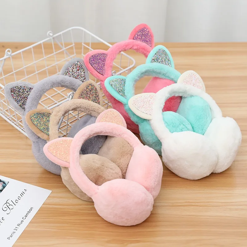 Verspielte Mädchen-Ohrenschützer, Kälteschutz, warm, heiß, schön, Winter, warm, Katzen-Ohrenwärmer, glitzernde Ohren, Plüsch-Ohrenschützer für Frauen, EZr02 Image