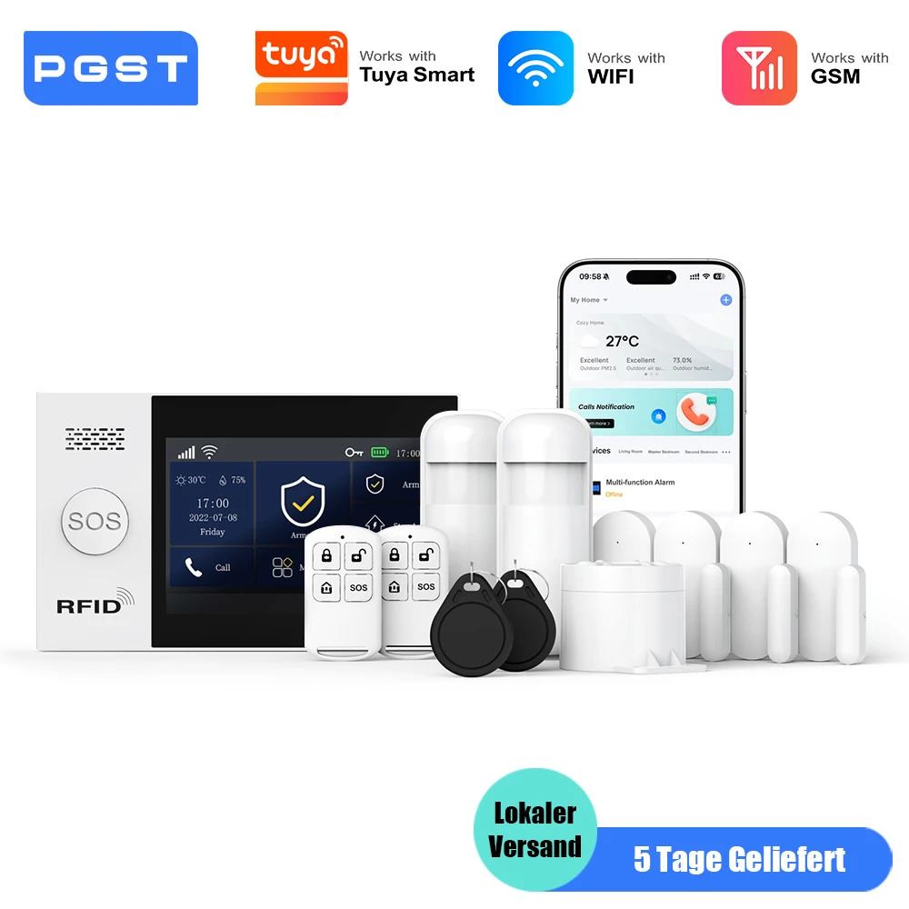 PGST Alarmanlage Einbruchschutz WiFi 2G GSM Works with Tuya Smart Life kabelloses Sicherheits Set für Zuhause Gewerbe Tür Fenster Sensoren Fernüberwachung per Smartphone