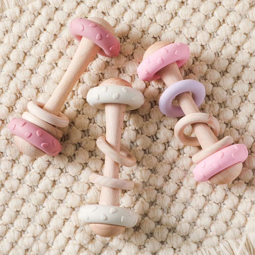 Baby-Silikon-Beißspielzeug – Verbesserte Rassel, Naturholz, lebensmittelecht & kaubar, leicht zu reinigen, sensorisches Training für Kleinkinder Image