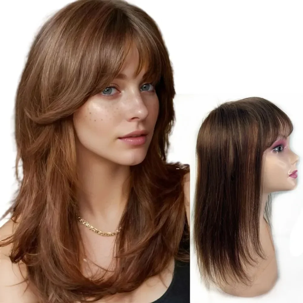 14 x 14 cm natürliche Echthaar-Topper für Frauen, Clip-in-Haarteil mit Pony, Fransen-Haarverlängerungen, Abdeckung graues Haar, 15,2–45,7 cm Image
