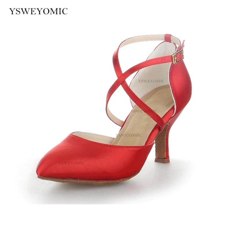 Elegante Ballsaal-Party-Schuhe für Damen, moderne lateinamerikanische Tanzschuhe, roter Satin, sozialer Walzer, Tango, Tanzabsätze, geschlossene Zehen, Ballsaal-Schuhe