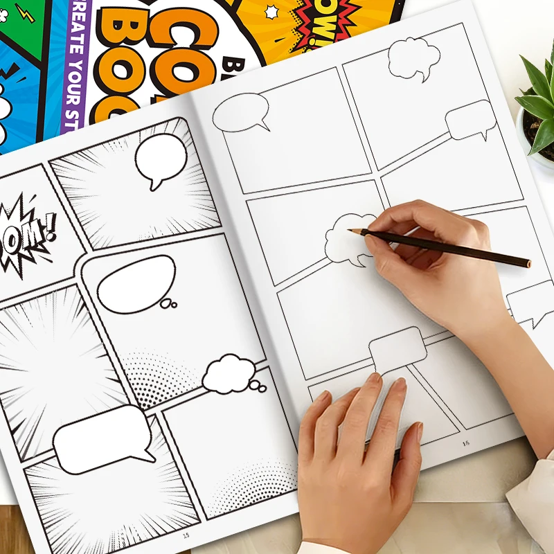 Handgezeichnetes Comic-Zeichenbuch im Collage-Stil, leeres Comic-Doodle-Zeichenbuch, Zeichenübungsheft für Erwachsene zur Stresslinderung, nutzen Sie die Fantasie, um Zeichnungen zu vervollständigen und aus ihnen komplette Geschichten zu gestalten,... Image