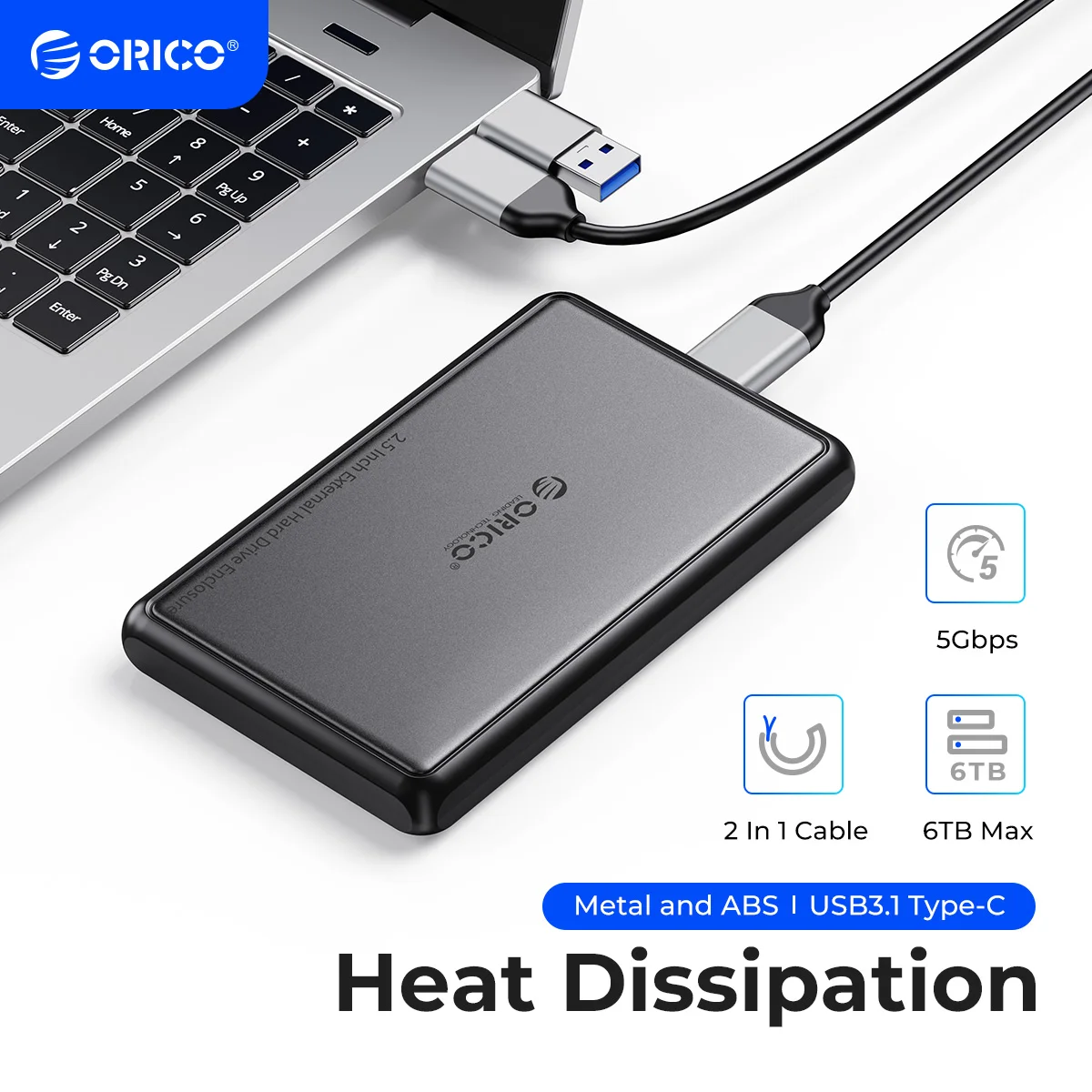 Orico 2,5 Zoll externes Festplatten gehäuse 5 Gbit/s Sata-zu-Typ-C-Festplatten gehäuse für SSD-HDD-PC-Laptop Metall-Abs-Gehäuse Wärme ableitung Image