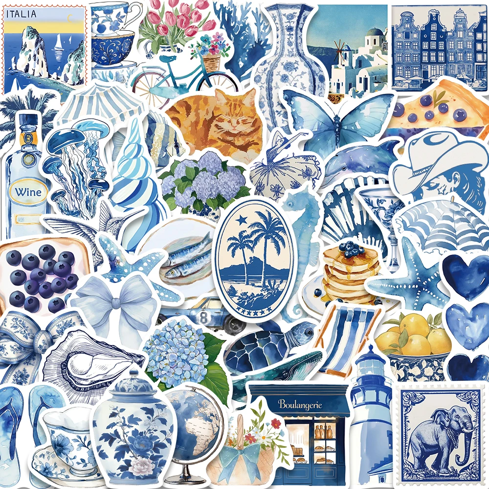 50PCS Blau Mittelmeer Ins Stil Kunst Aufkleber Personalisierte DIY Handbuch Telefon Fall Laptop Gitarre Tasse Sammelalbum Tablet Decorativ Image