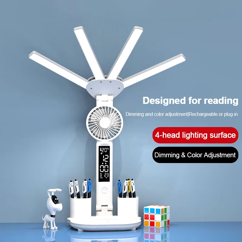 LED Wiederaufladbare Tischlampe zum Lernen, Schreibtischlampe Leselampe LED-Tischleuchte mit Ventilator, LED-Uhranzeige Leselampe