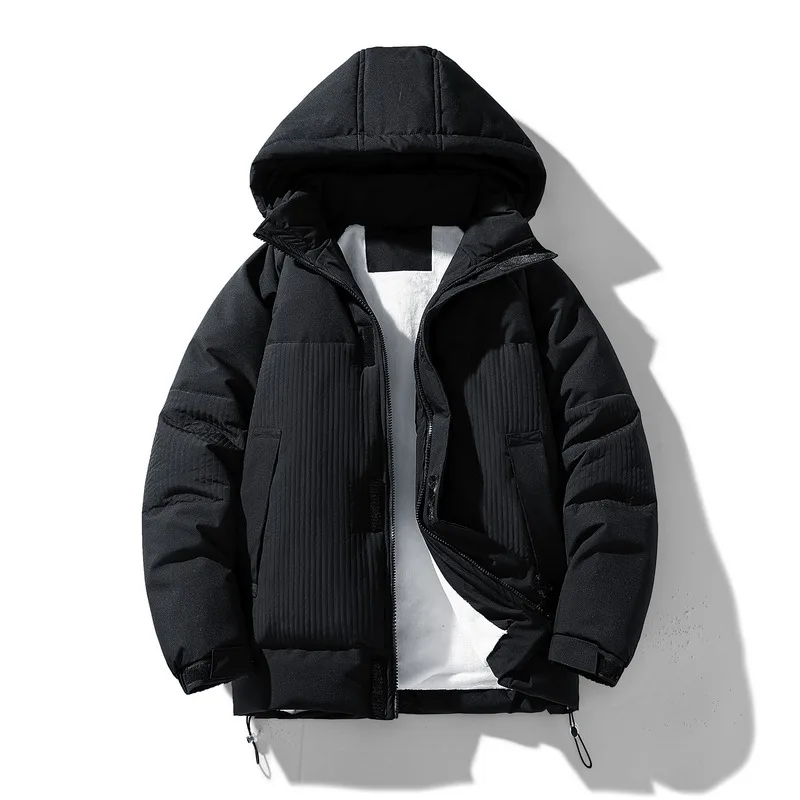 Herren Warme Cord-Parkas Winterjacke Streetwear Einfarbig Schwarz Beige Parkas Koreanische Modemarke Pufferjacken Lose Mäntel