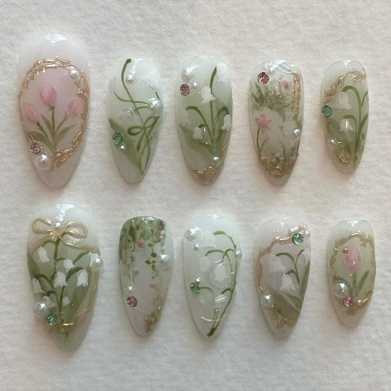 24 Stück Orchideenblüten zum Aufdrücken der Nägel, hellgrün, Mandel, künstlicher Nagel mit Perle, goldene Schleifen, buntes Doamind-Dekor, niedliche DIY-Maniküre Image