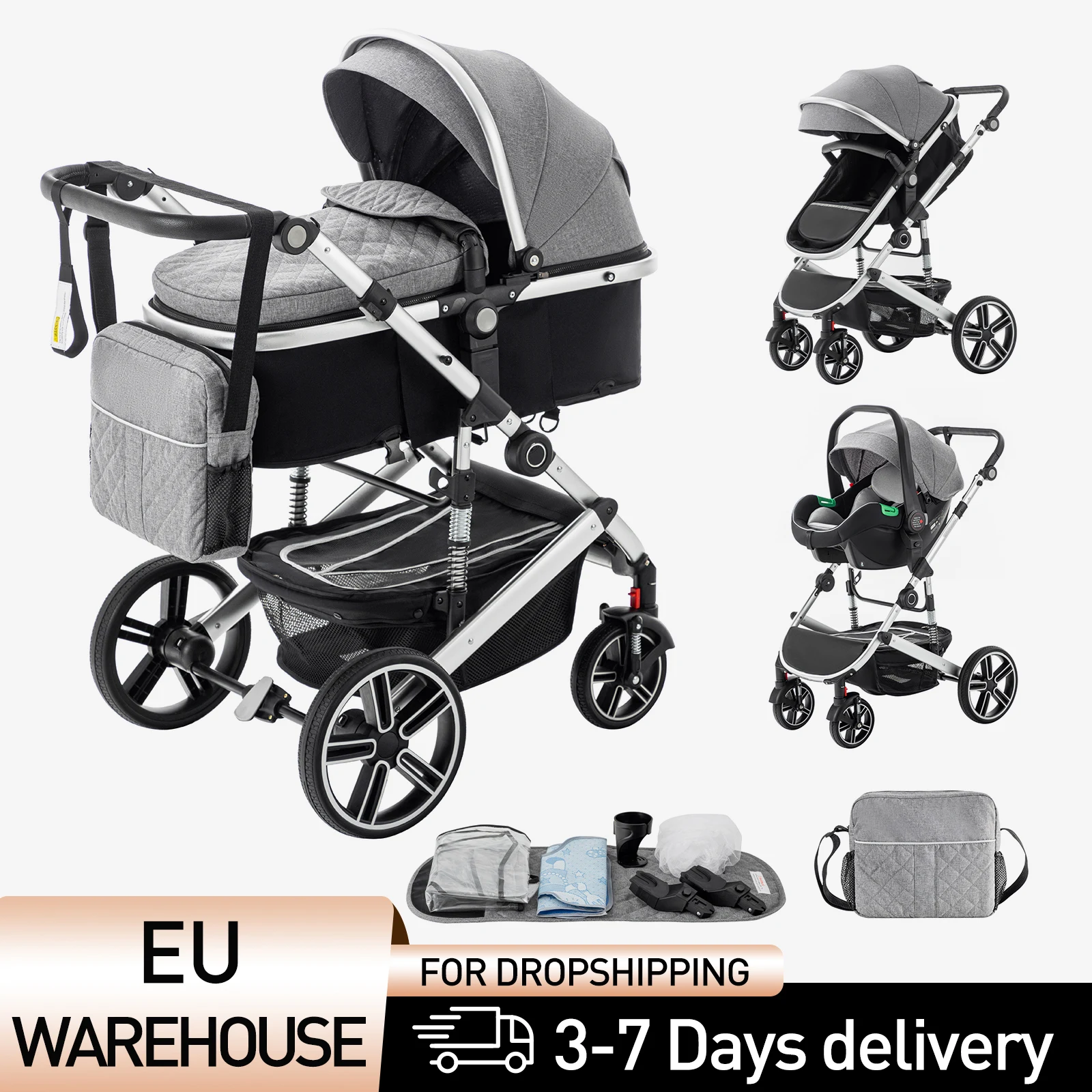 3-in-1 Baby-Kinderwagen, tragbarer Reise-Kinderwagen, faltbarer Kinderwagen mit Aluminiumrahmen, Hochlandschafts-Kinderwagen für Neugeborene, stoßdämpfend Image