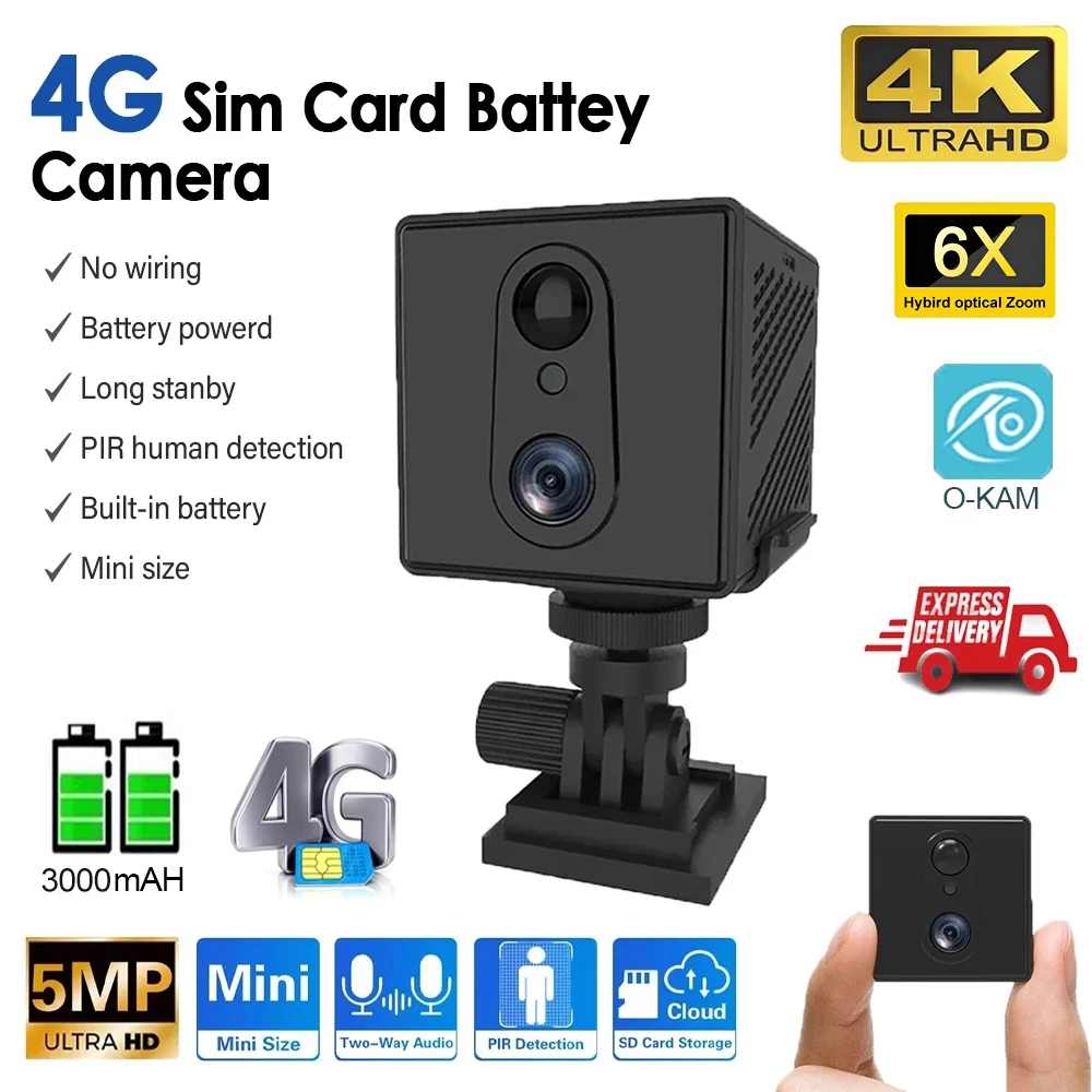 Mini 4G Überwachungskamera SIM-Karte WiFi Ultra HD Überwachungskamera 3000 mAh Akku Low Power Voice Intercom CCTV Camcorder
